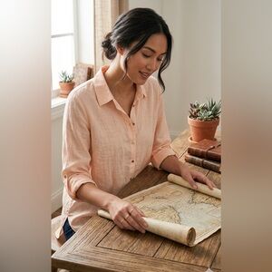 Calvin Klein Soft Peach Button-Down Linen Shirt, Roll Tab Sleeve - Women's Top